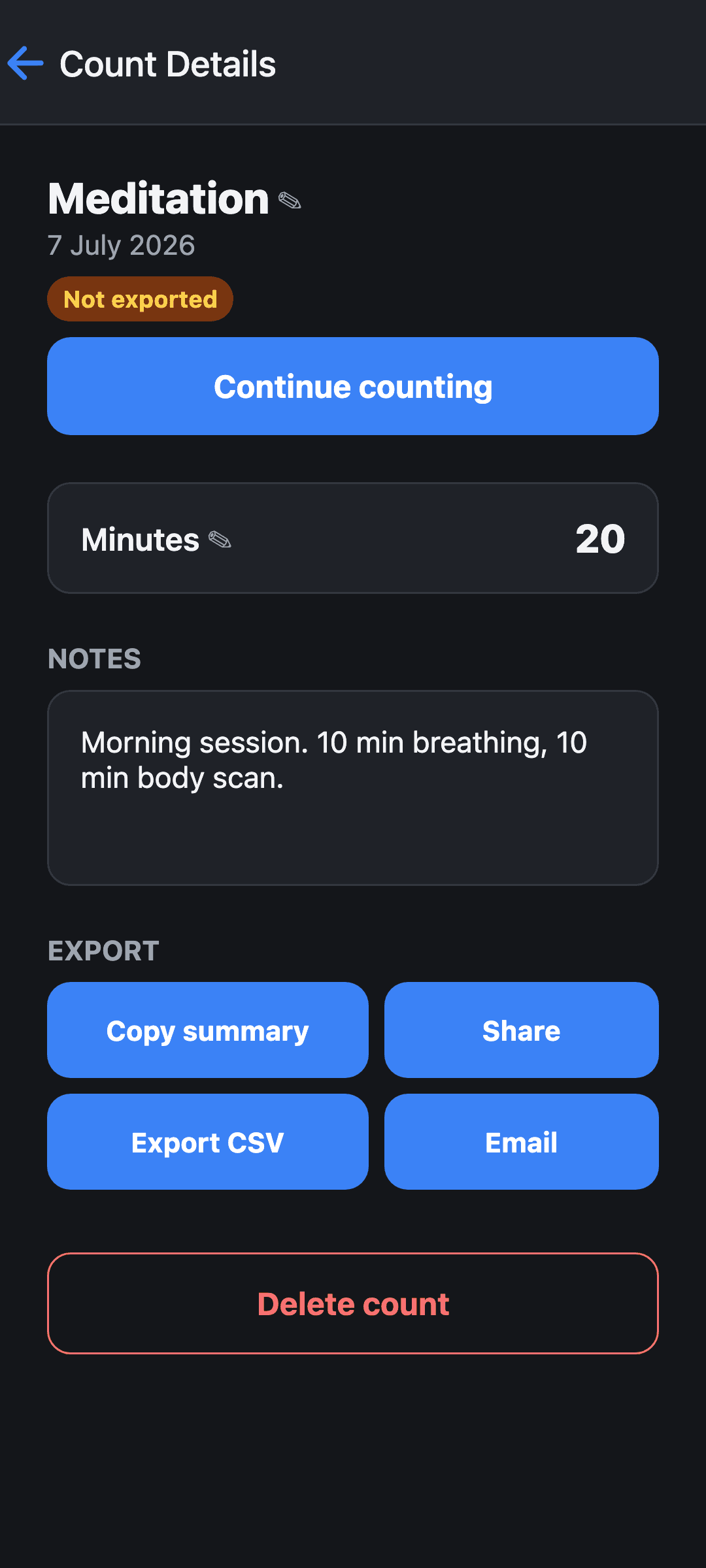 Tallywise Count Details screen for a Meditation session with notes and export options including CSV, email, and share