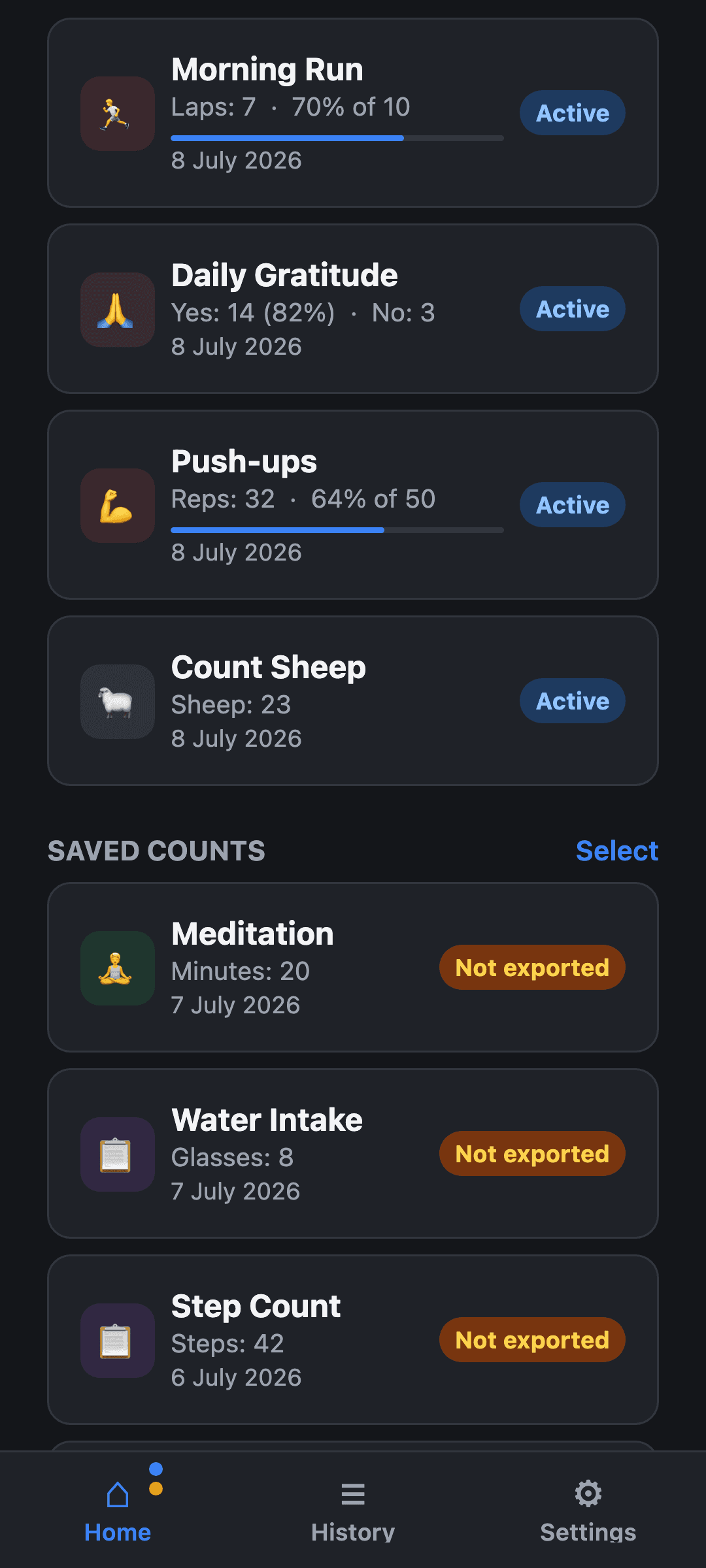 Tallywise home screen showing active sessions including Morning Run, Daily Gratitude, Push-ups, and Count Sheep, plus a saved counts list